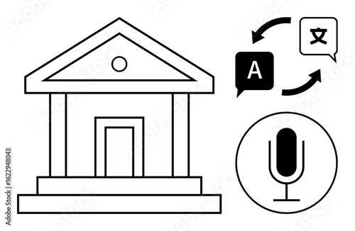 Government building outline with translation symbols and microphone icon. Ideal for accessibility, technology, language services, governance, globalization, communication, simple landing page