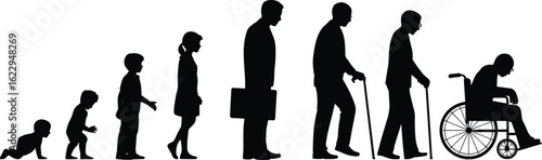 Silhouette of human life stages from baby crawling, child, teenager, adult worker, elderly with cane, to wheelchair user aging process