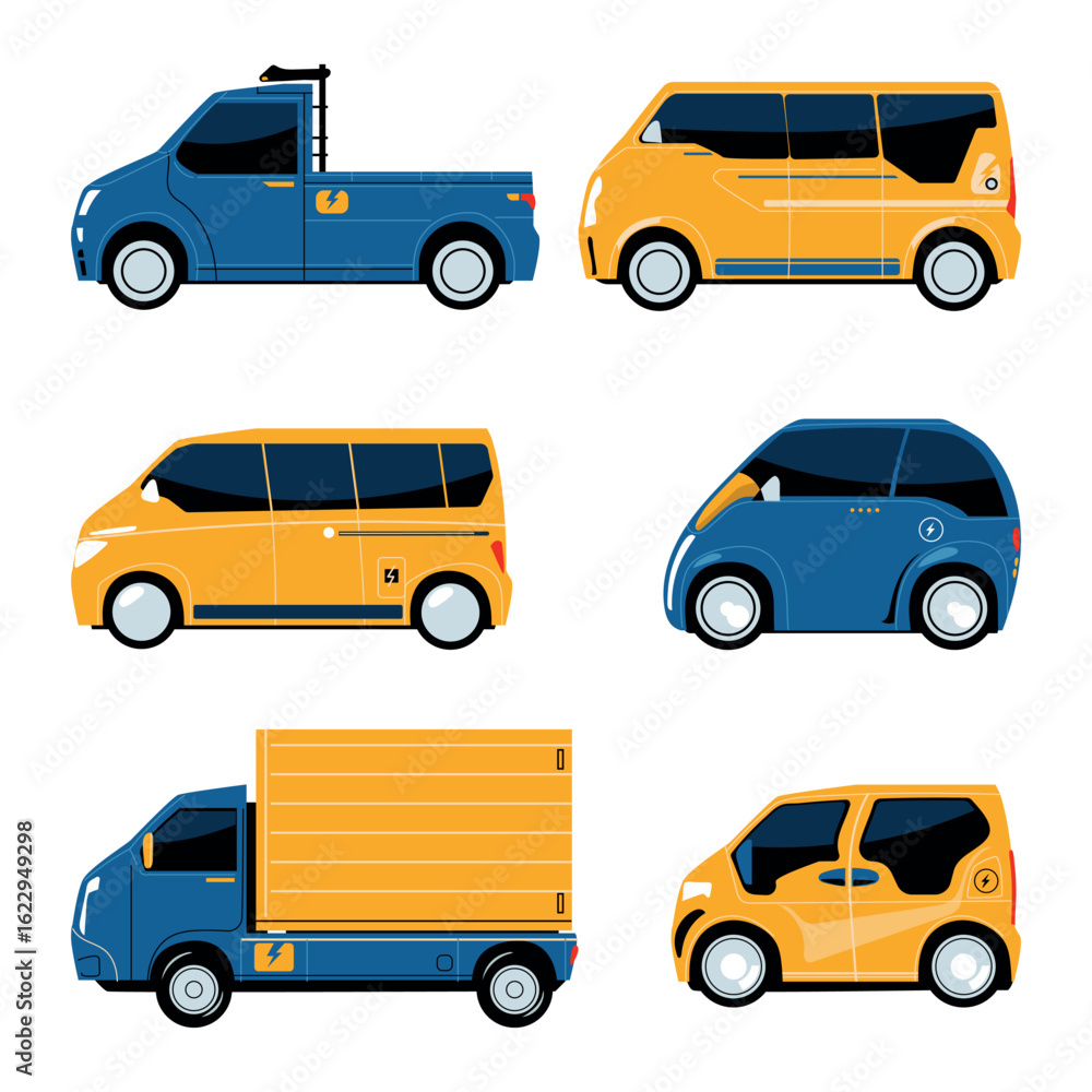 Fototapeta premium Electric Car or EV icons collection in flat style with Urban city cars and vehicles transport concept
