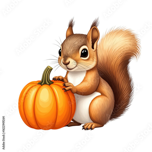 Cute cartoon squirrel holding a large bright orange pumpkin for fall harvest Halloween autumn seasonal decoration and wildlife art illustration