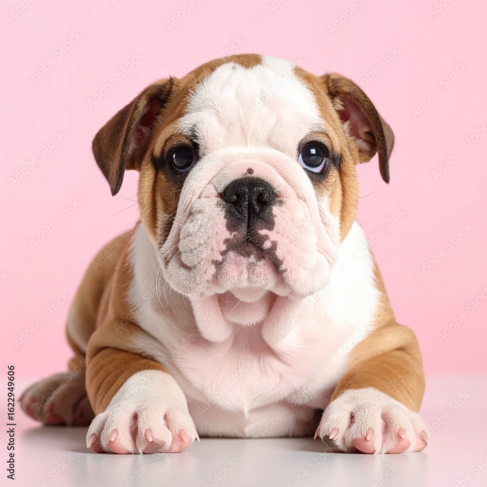 Obraz premium Adorable English Bulldog Puppy on Pink Background, Generated image