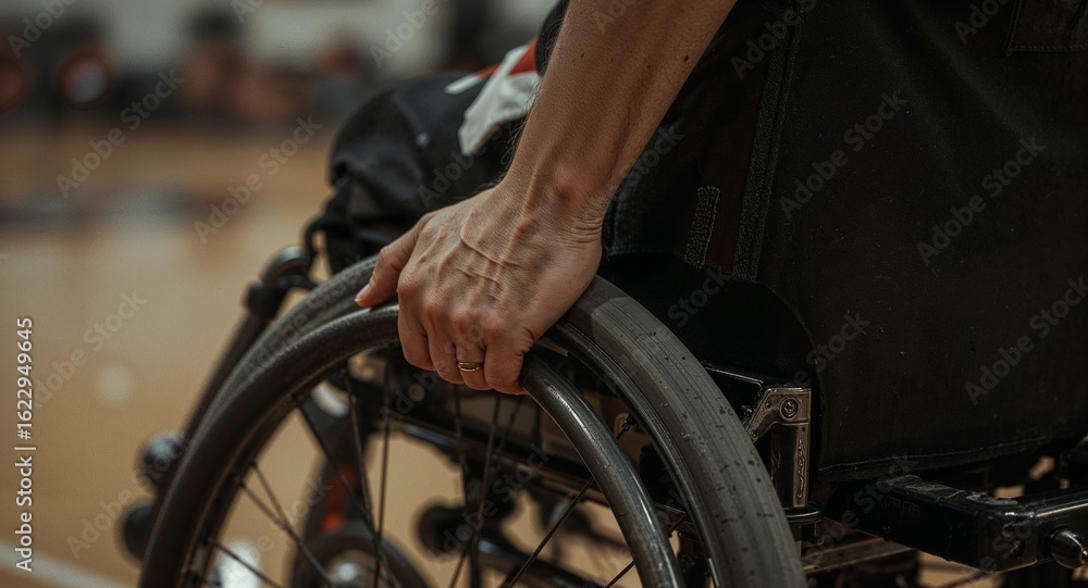 Obraz premium Close-up of a Person's Hand on a Wheelchair Wheel Emphasizing Mobility and Daily Life