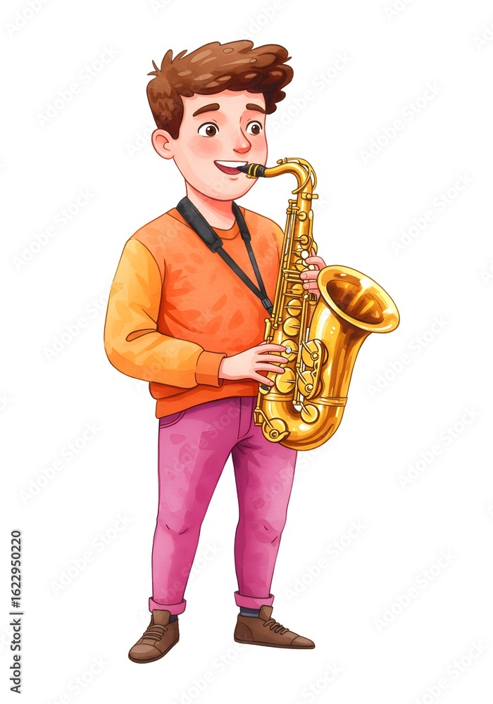 Fototapeta premium Cartoon Illustration of a Young Man Playing the Saxophone