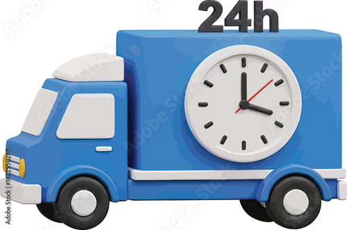 A blue cartoon delivery truck with a clock on its side and "24h" above, representing round-the-clock service.