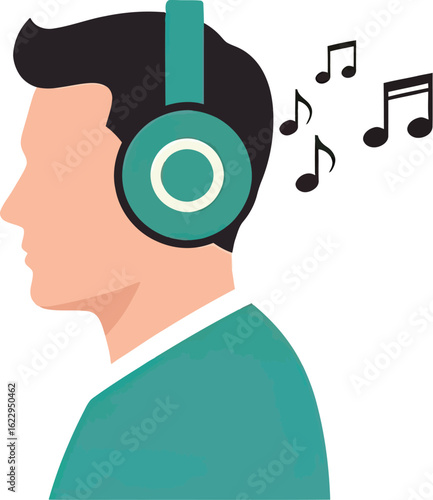 Illustration of a man wearing teal headphones and listening to music, with musical notes floating around his head.