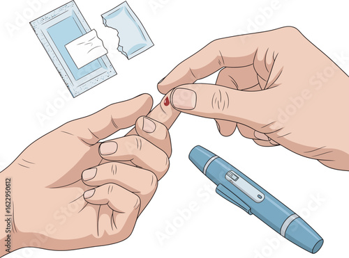 A person pricks their finger with a lancet to collect blood for a glucose test.