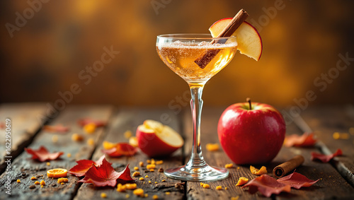 Apple cider cocktail in a rustic close-up style, warm amber and red colors, representing autumnal bar drinks, sophisticated seasonal cocktails, and festive holiday party beverage ideas, copy space