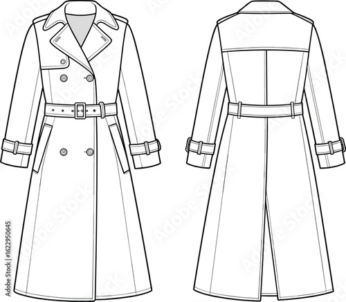Classic long trench coat front and back view, belted double-breasted design, fashion outerwear sketch, CAD drawing flat vector illustration.