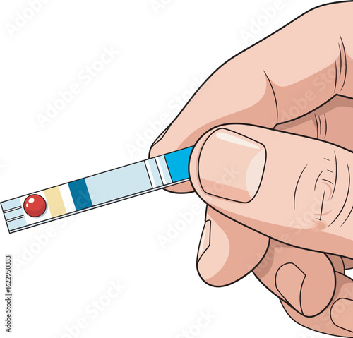 A hand holding a blood glucose test strip with a drop of blood on it.
