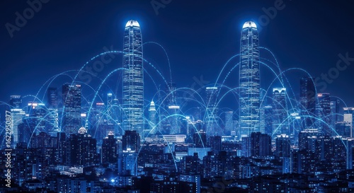 Night cityscape with glowing network connections