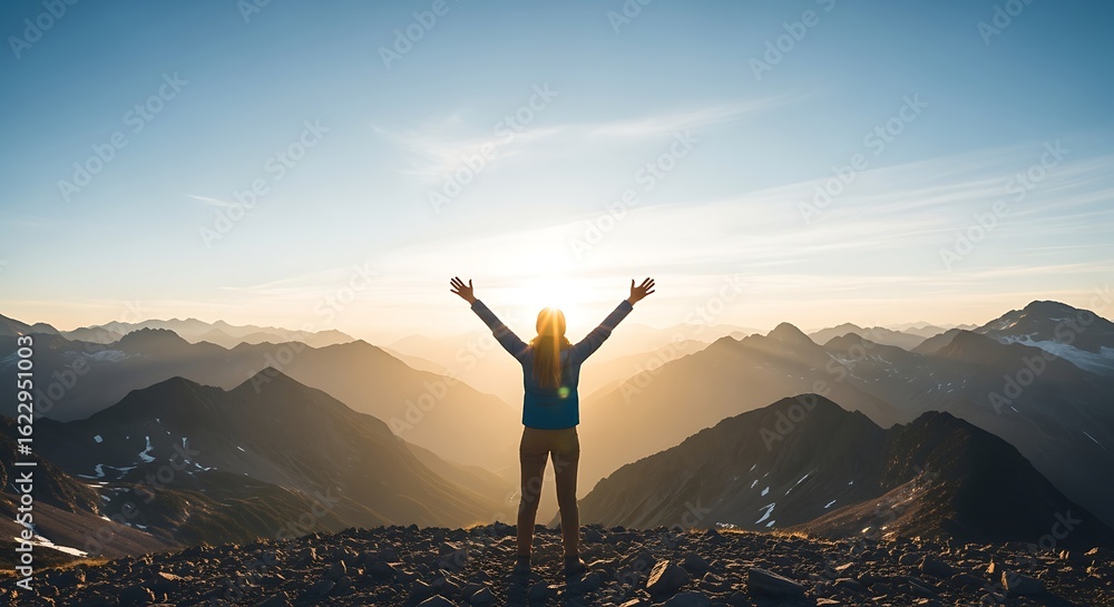 Obraz premium Golden Hour Triumph: Woman Greets the Sun on a Vast, Layered Mountain Summit.