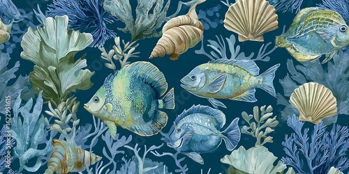 Several small fish swim through a textured blue underwater scene with coral and shells