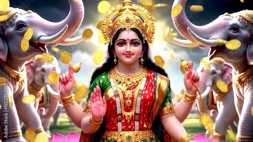 Hindu deity, adorned with jewels and surrounded by elephants
