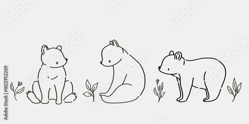 Cute linear bears with floral. Hand-drawn vector illustration of woodland animals for baby shower, nursery wall art.