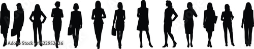 Silhouettes of professional businesswomen walking, standing, confident poses, formal attire, office fashion, diverse women, corporate style, isolated on white background