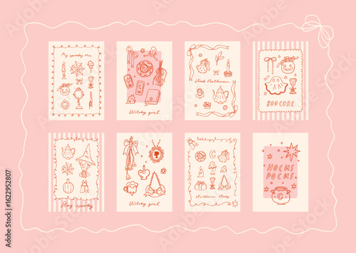 Set of trendy halloween cards in pink and red colors. Coquette style cute ghosts, vintage mirror, witch hat, pumpkins with bows, potion bottles. Victorian gothic clipart. Vector illustrations