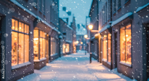 Winter City Street with Snowfall and Bokeh Lights - Cozy Evening View