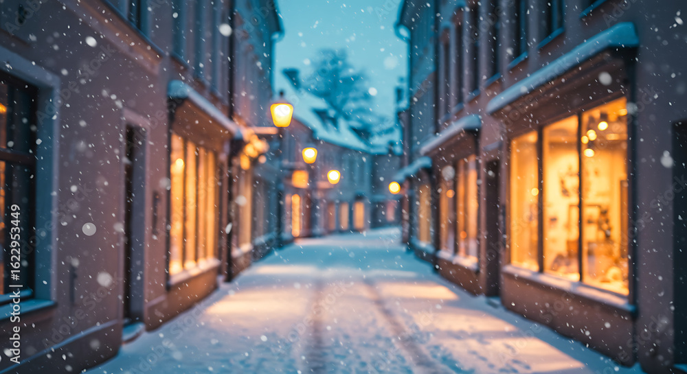 Fototapeta premium Winter Street Scene with Snow and Bokeh Lights