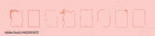 Collection of eight decorative whimsical frames in coquette style on pink background. A4 card size rococo line art borders. Vector hand drawn cute valentine empty set. Bow and ribbon outline clip art