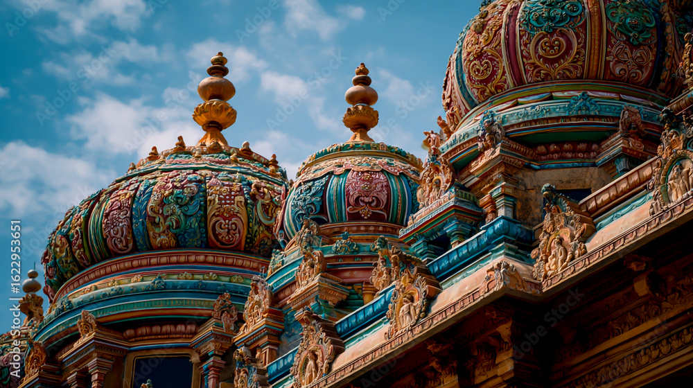 Obraz premium A close-up of the colorful domes and intricate carvings on the Meenakshi Amman Temple