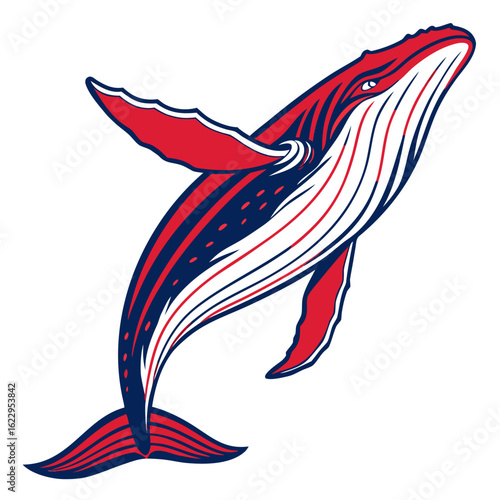 Red and blue striped whale jumping out of the water isolated on white background