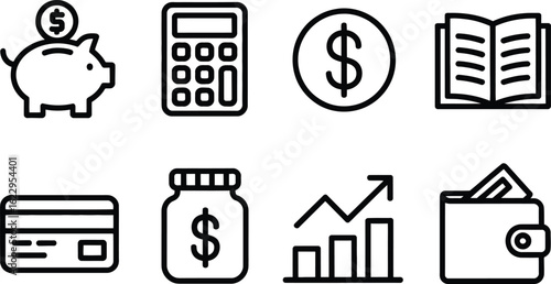 Money & Finance Icons Outline Set Piggy Bank, Calculator, Dollar, Book, Wallet