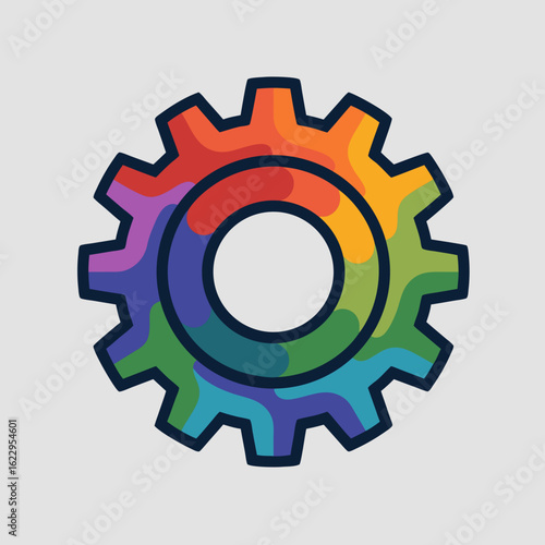Colorful gear illustration with spectrum hues and bold outlines against a light gray backdrop