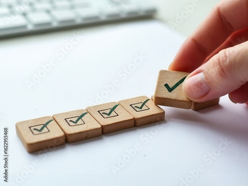 Work Progress Loading Bar with Checklist. A hand places wooden block with a checkmark into loading bar with 5 checkboxes, symbolizing progress, task completion, and project workflow.