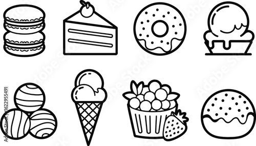 Outline desserts Macarons, cake slice, sprinkled donut, ice cream, sweets