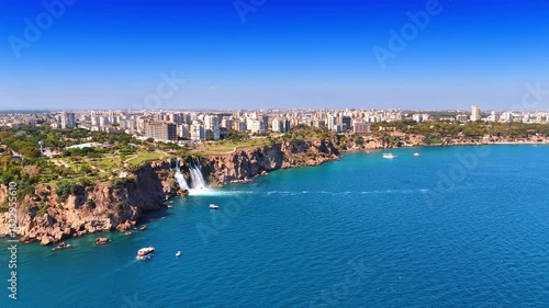 Wallpaper Mural Flying over the blue waterscape of the beautiful Mediterranean Sea. Approaching stunning Duden waterfalls in Antalya, Turkey. Torontodigital.ca