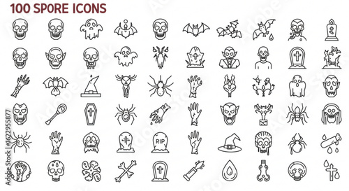 Collection of halloween themed icons featuring skulls bats ghosts spiders and other spooky elements