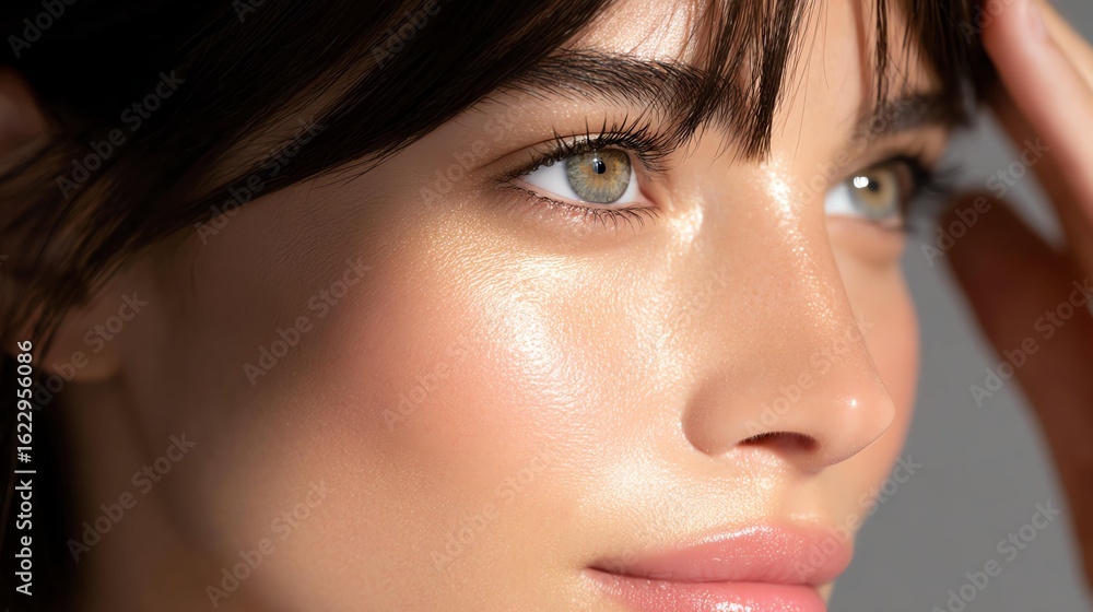 Fototapeta premium real skin from minimal beauty routine Close-up portrait of a young woman with natural makeup and captivating green eyes, exuding confidence and beauty.