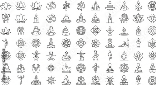 Illustration featuring yoga poses lotus flowers candles and spiritual symbols in a line art style design