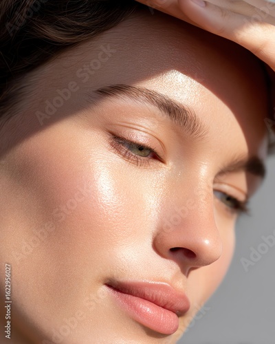 real skin from minimal beauty routine A close-up portrait of a woman highlighting her natural beauty and glowing skin under soft light.