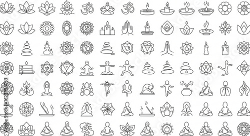 Collection of yoga and meditation themed line art icons featuring lotus flowers candles and human figures in poses