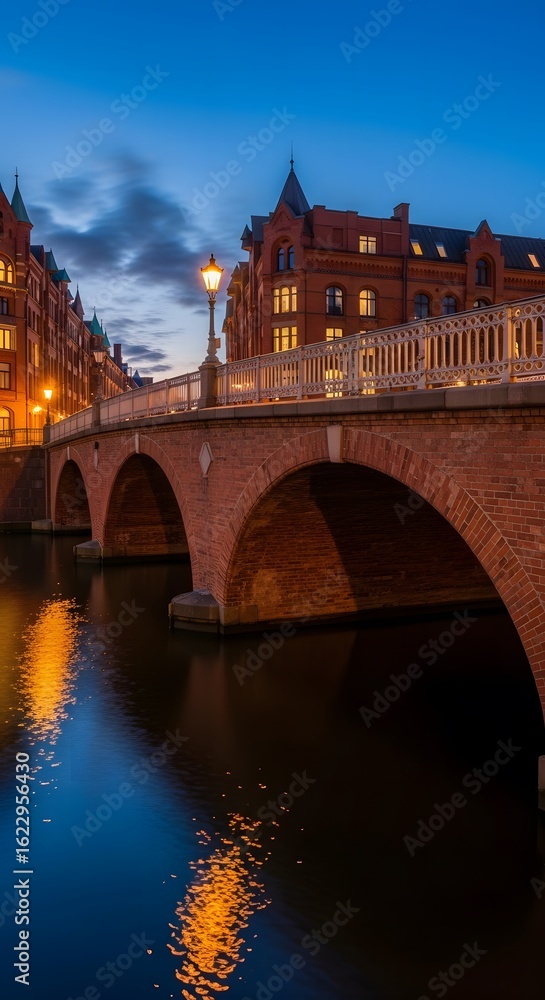 Obraz premium Red Brick Arch Bridge Enhances Urban Canal Landscape Elegance