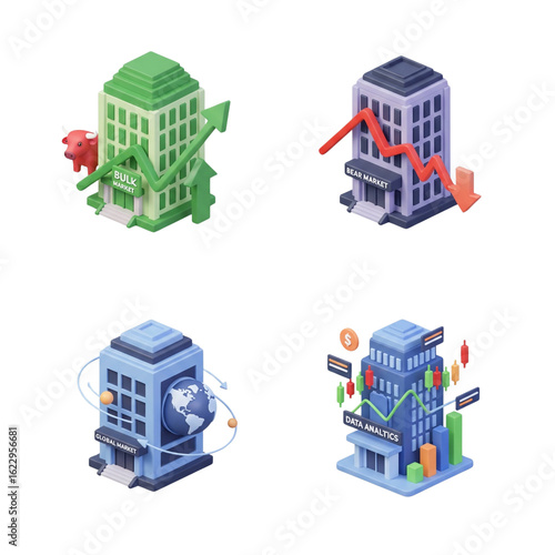 Four isometric buildings illustrating business growth and technology