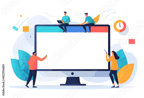 Team Collaboration and Digital Innovation Concept with People Working on a Large Computer Screen in a Modern Office Environment