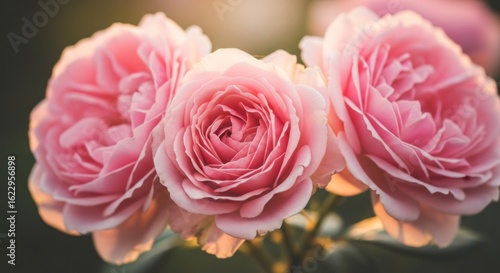 Three soft pink roses in close-up, bathed in golden sunlight