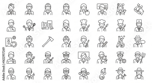 Illustration of various professionals including doctor engineer chef teacher and other occupations icons set line art