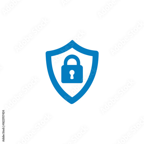 
A flat vector logo of an open padlock on top of a shield, with a simple and minimalistic design in a blue color scheme on a white background.