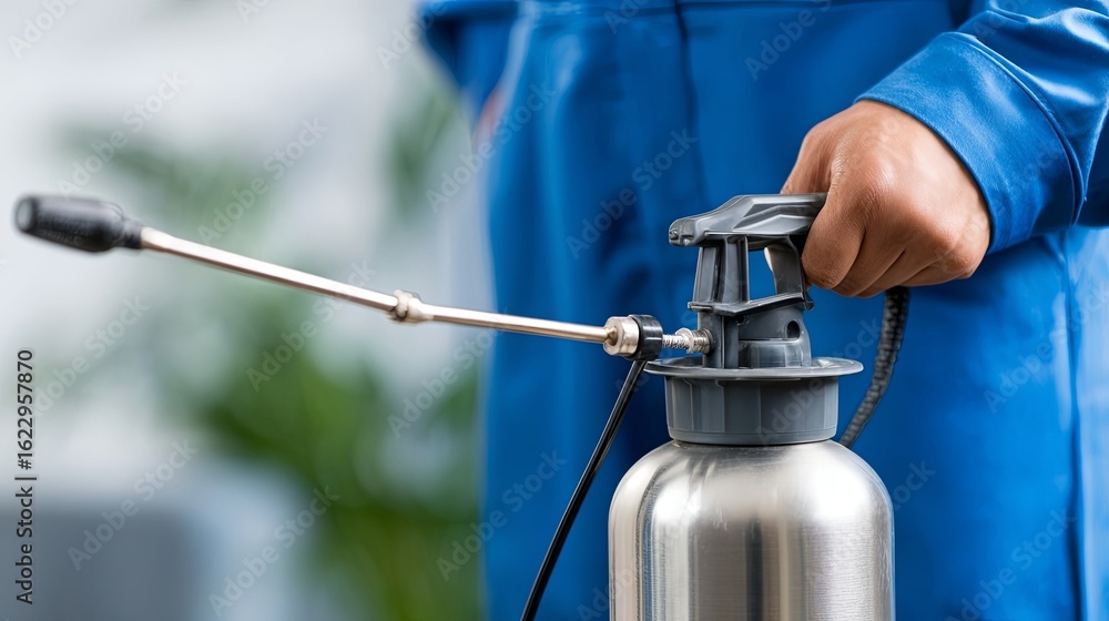 Obraz premium Pest Control Worker Using Insecticide Sprayer Indoors