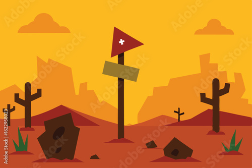 post apocalyptic desert with destroyed signs and m.eps