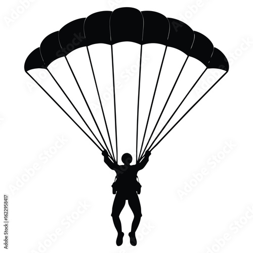 Black silhouette of a skydiver descending parachute