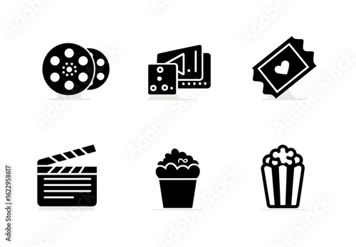 
A set of icons representing cinema, in black on a white background, using vector graphics, with a flat design, vector illustration.