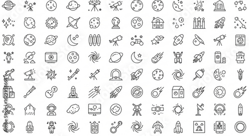 Collection of space exploration and astronomy icons featuring planets rockets and telescopes in outline style