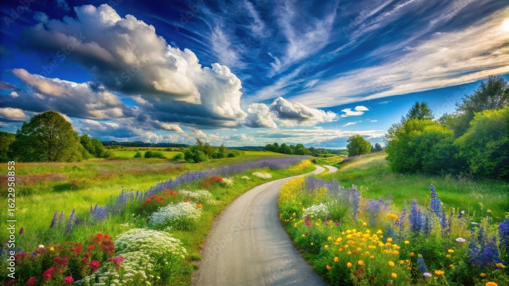 Obraz premium Serene Country Road Winding Through Vibrant Wildflower Meadows Under a Dramatic Sky