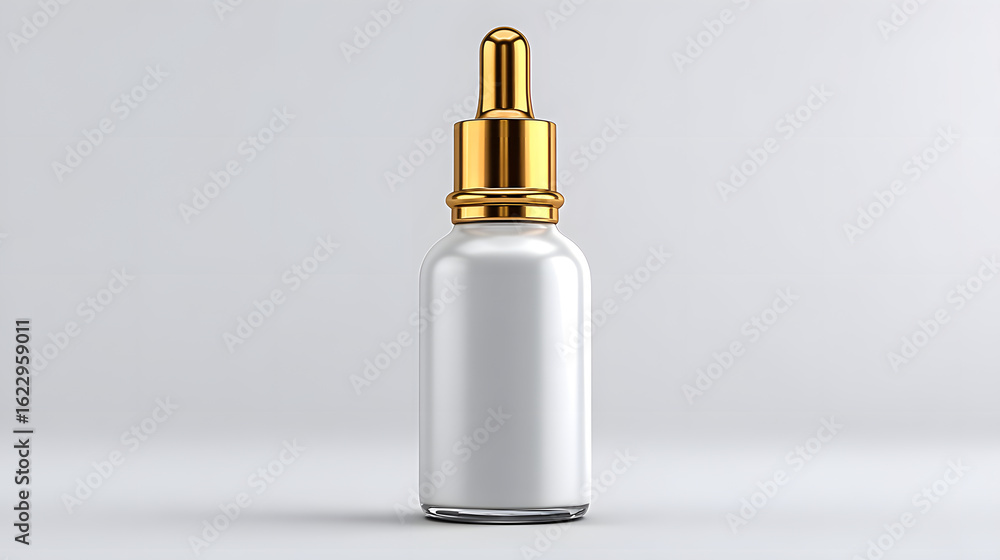 Naklejka premium Frosted white serum bottle with luxurious gold dropper cap, set against minimalist background, exuding elegance and sophistication