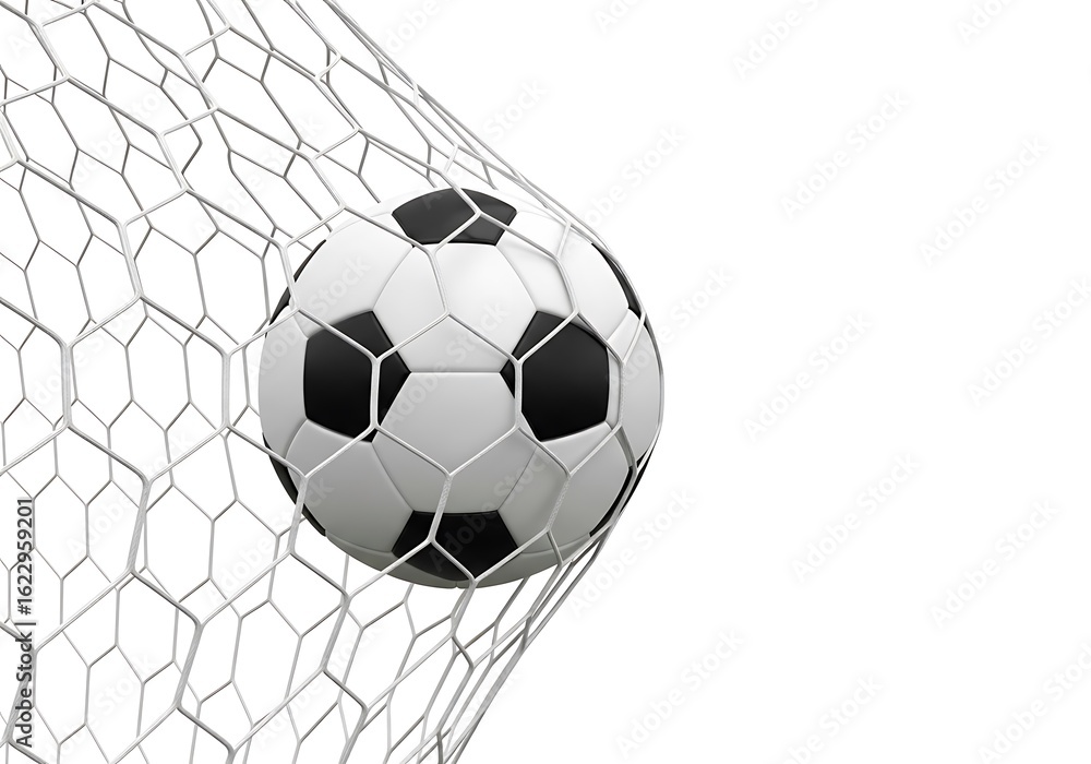 Fototapeta premium Soccer ball scoring a goal in a net on a white background football