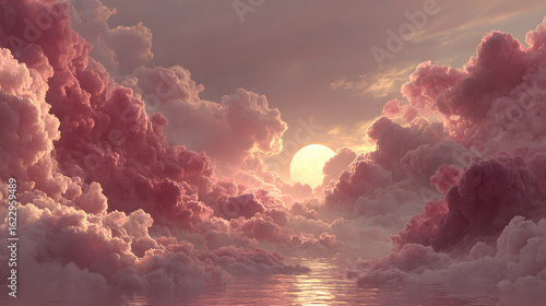 Fototapeta Naklejka Na Ścianę i Meble -  Romantic cinematic sky in crimson and rose hues with golden hour light and dreamy clouds